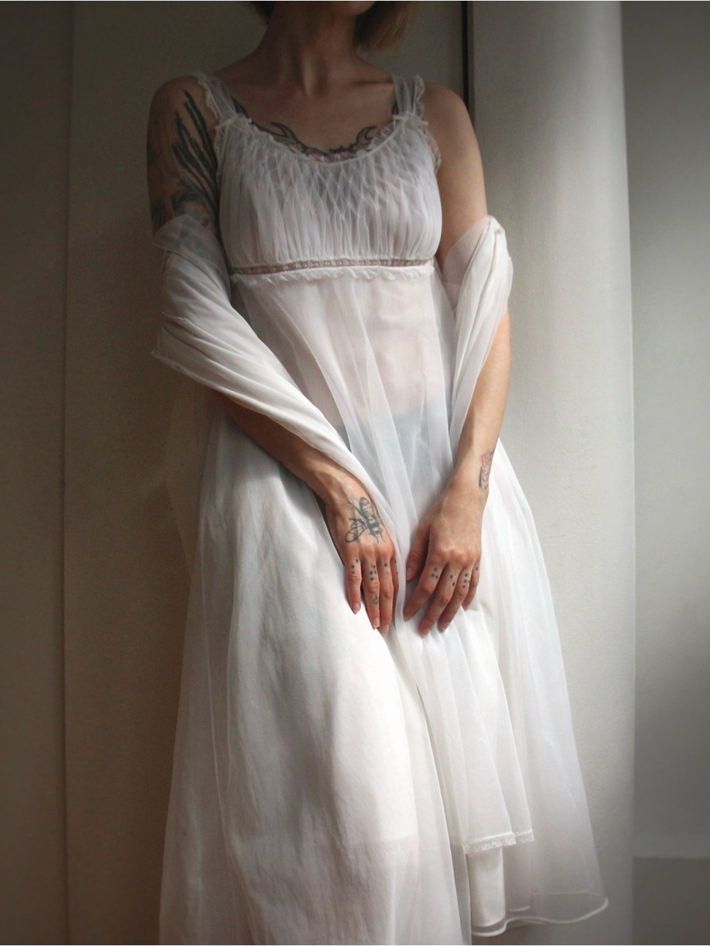 1960's Gotham Gold Stripe Chiffon & Lace Peignoir Set